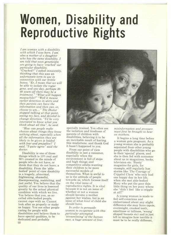 A magazine article from 1986 called ‘Women, Disability and Reproductive Rights’ which features a photograph of a smiling white woman cuddling her baby.